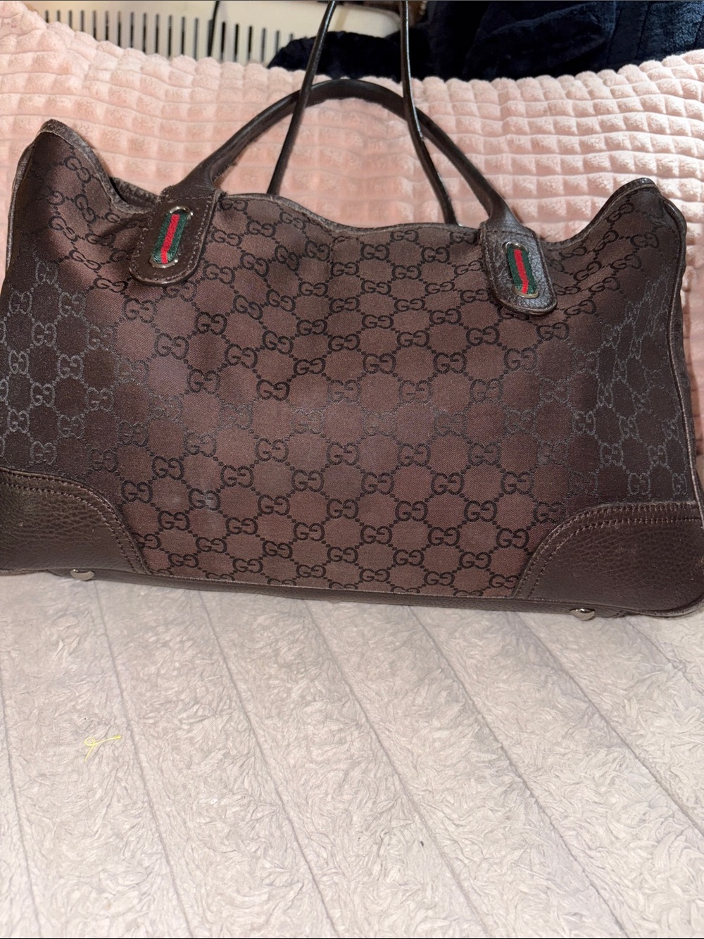 Gucci Brown GG Monogram Canvas Tote with Green-Red Web Accents